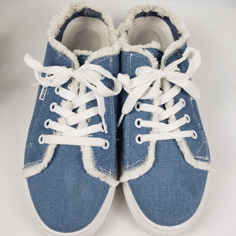 Denim w/ White Raw Fringe Tennis Sneaker 8